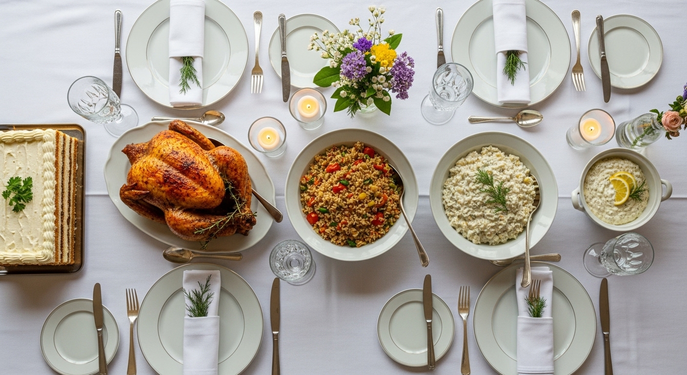 品(タルタル、チキン、ピラフ、スコップケーキ)が美しく並んだ食卓の俯瞰写真