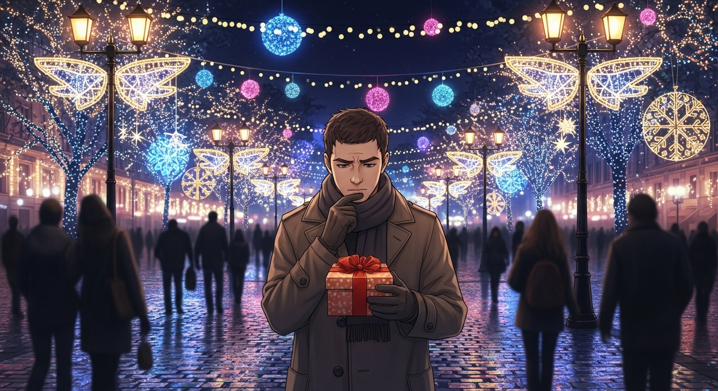 美しいイルミネーションの前で、プレゼントの箱をどうしようか悩んでいる男性のイラスト