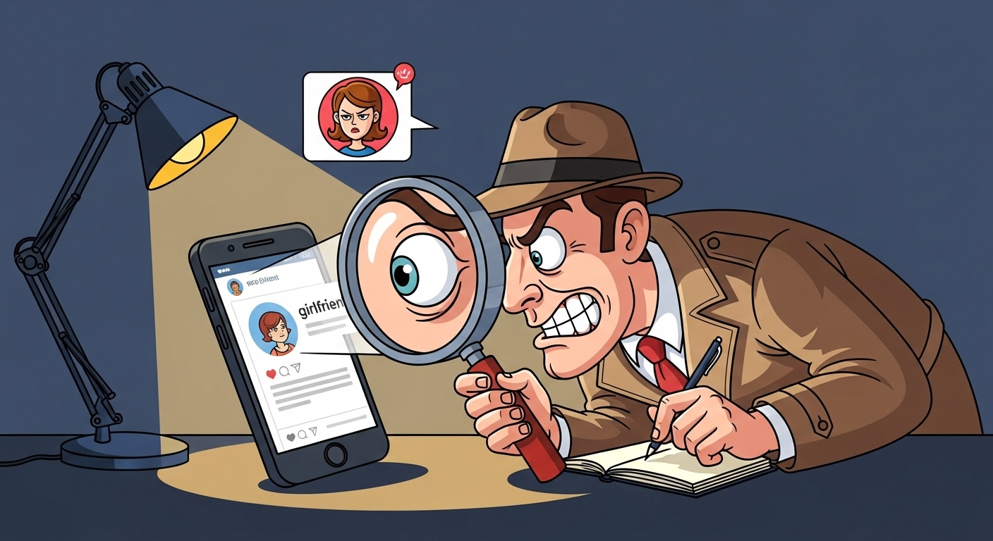 探偵のように虫眼鏡で彼女のSNSをチェックしている男性のコミカルなイラスト