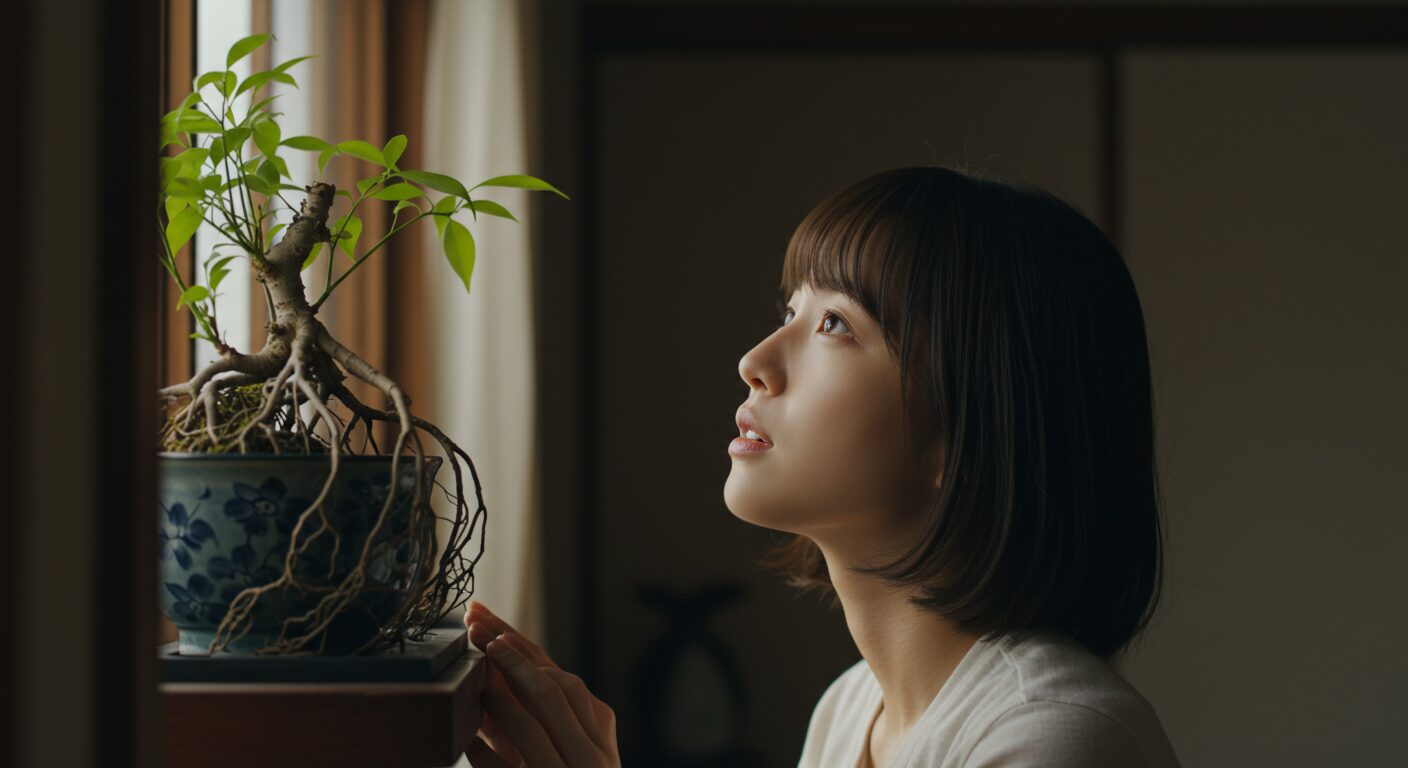 神棚の榊に根が生えているのを見つけ、希望の表情を浮かべる女性