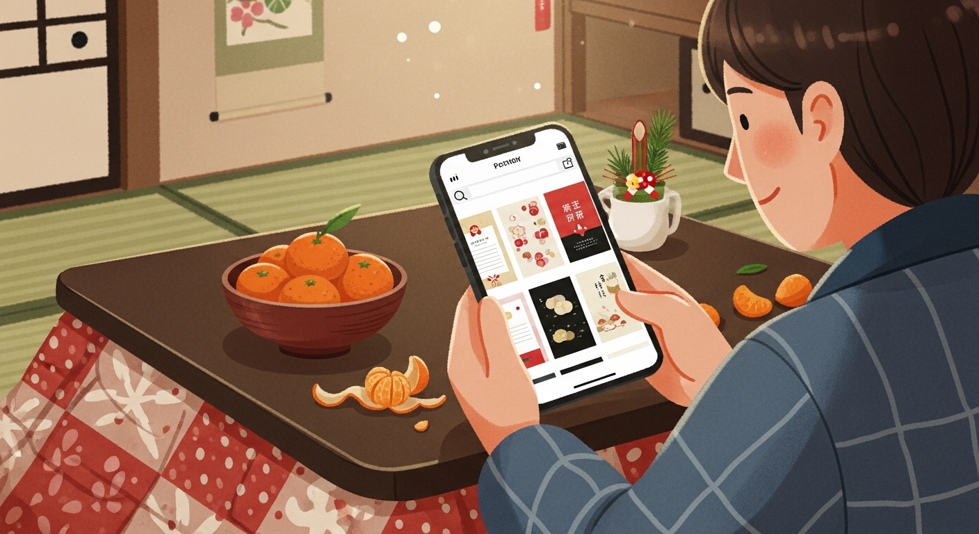 こたつでみかんを食べながら、スマホでおしゃれな年賀状デザインを楽しく選んでいる人のイラスト