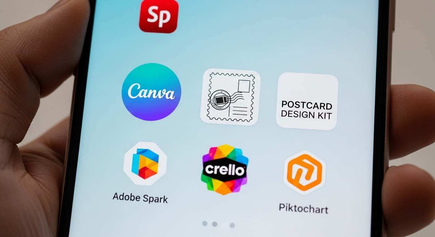 スマホの画面にCanvaやはがきデザインキットなど、複数のテンプレートサイトのロゴが表示されている画像