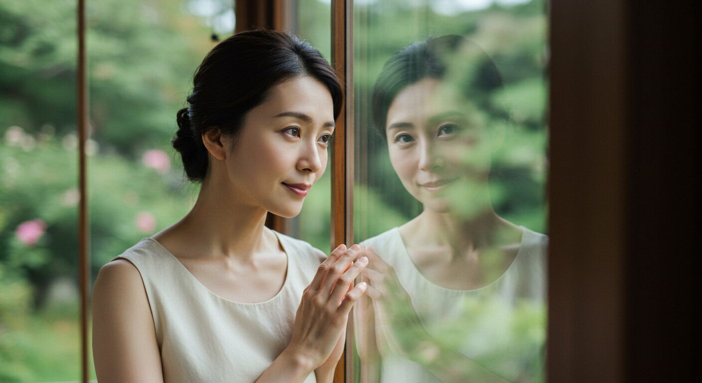窓辺で自分と向き合い、穏やかな表情を浮かべる40代の日本人女性