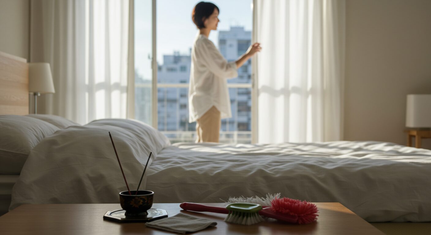 西枕をきっかけに、掃除と換気で家族の運気を育てる寝室パワースポット化計画を実行する日本人主婦
