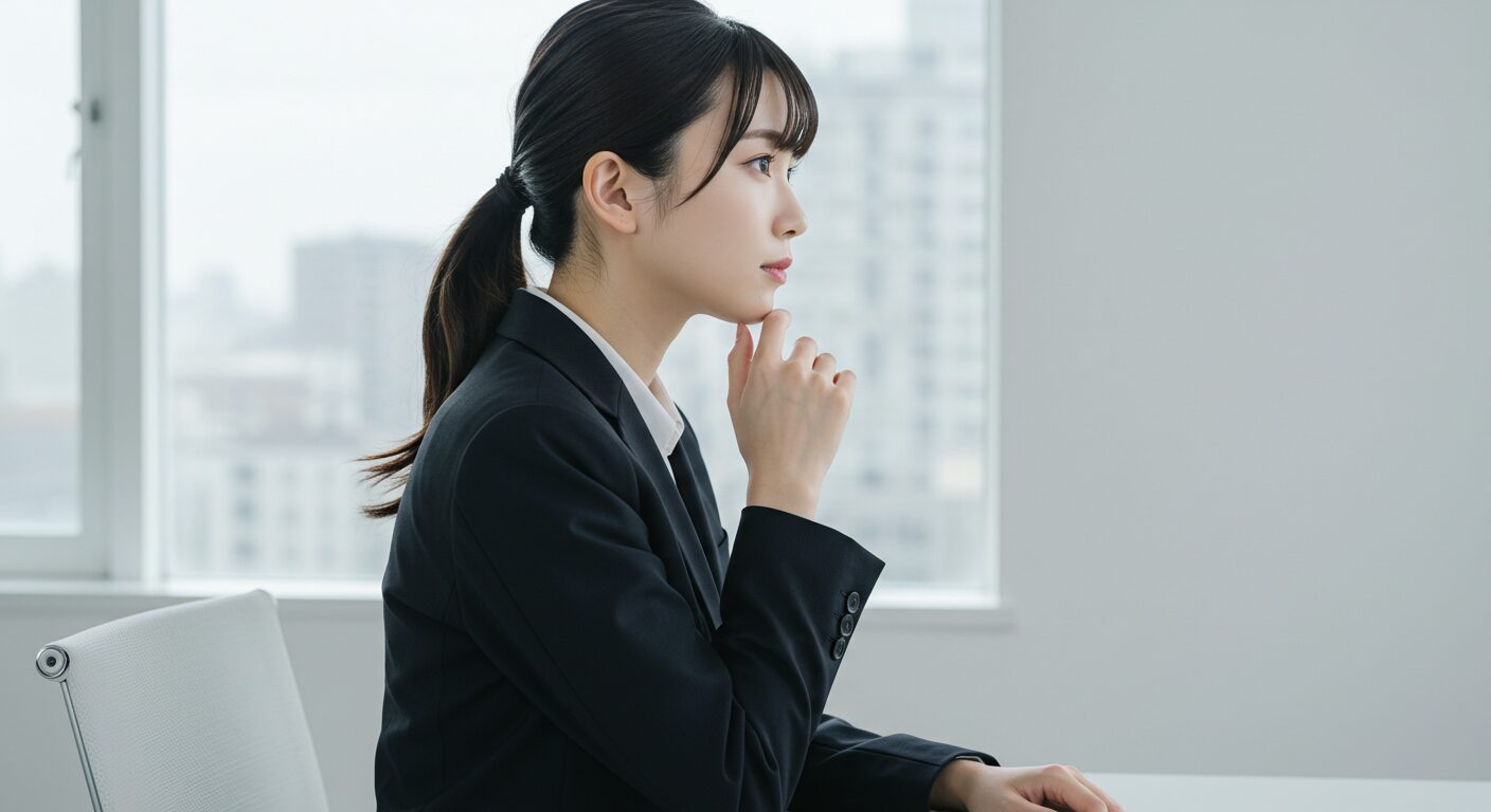 キャリアと美容について考えるスーツ姿の若い日本人女性