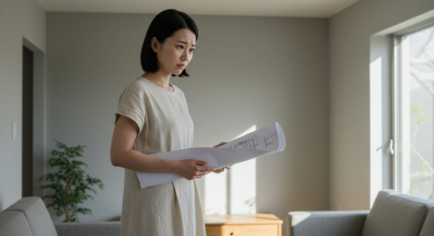 部屋の間取りを見て悩む日本人女性