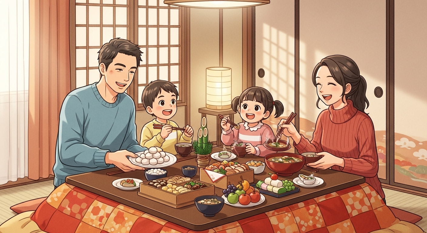家族がこたつを囲んで楽しそうにおせちを食べている、温かい雰囲気のイラスト