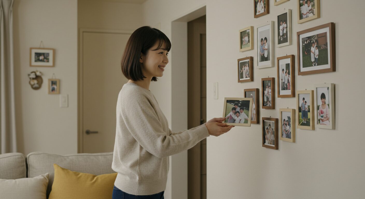 リビングの壁に飾られた家族写真を見て、穏やかに微笑む30代の日本人女性