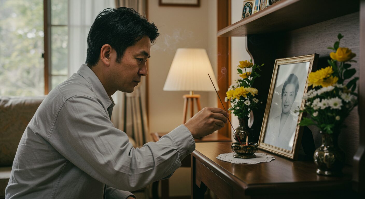 ビングの棚に飾られた故人の写真に、そっとお香を供える40代の日本人男性の手元
