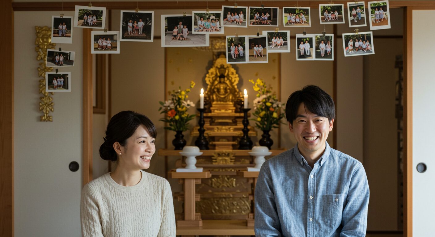 リビングの壁に飾られた子供の写真を、嬉しそうに眺める30代の日本人夫婦。背景には神棚が優しく見守るように映っている。