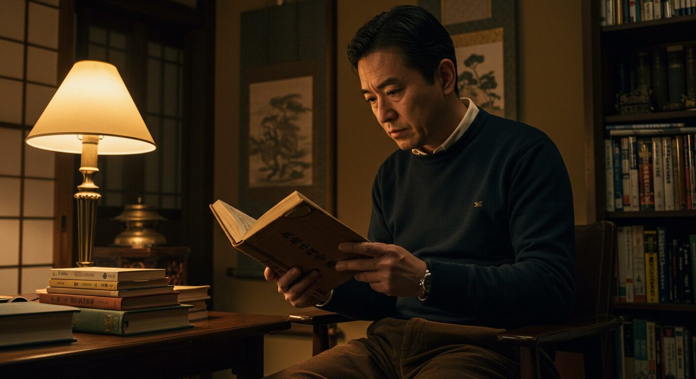 書斎で神道に関する古い書物を読み解き、何かに深く納得した表情を浮かべる40代の日本人男性