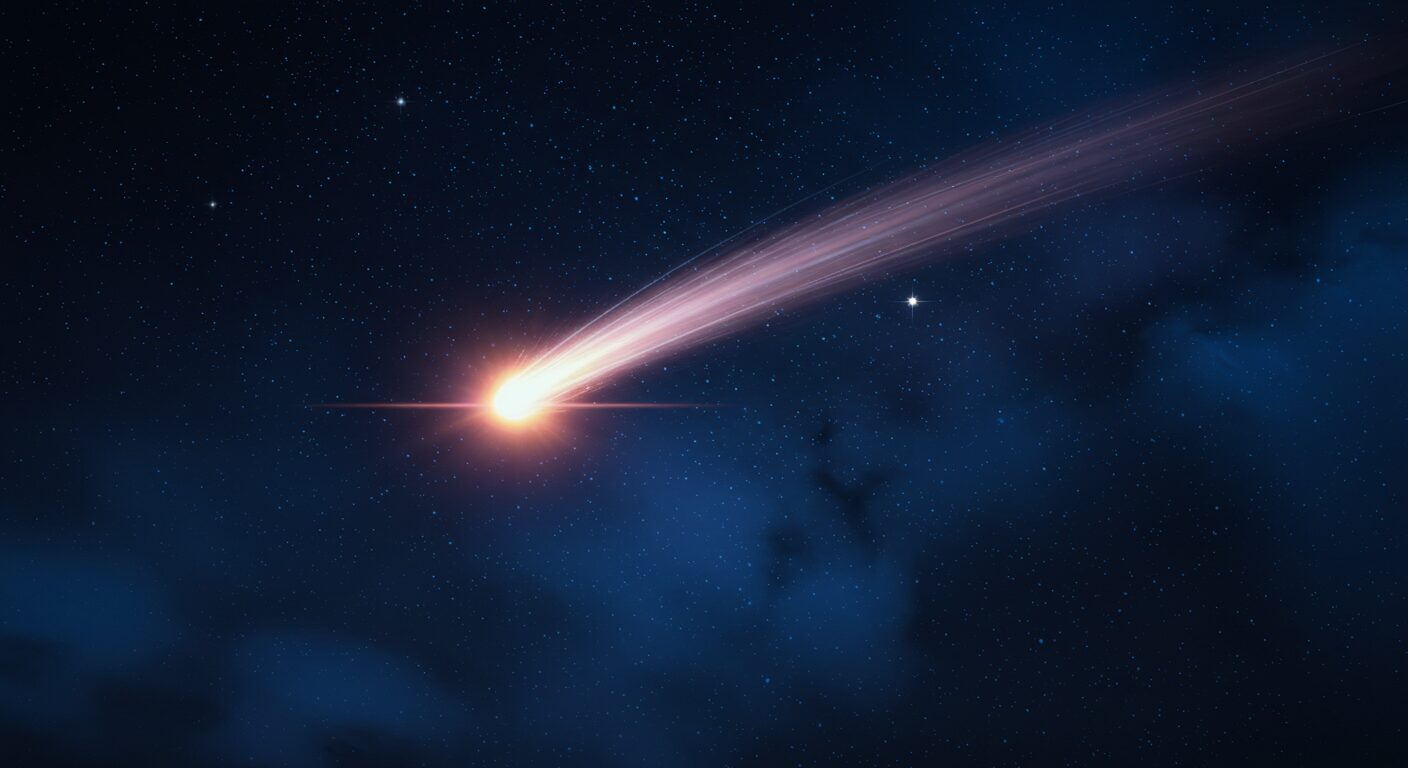 夜空に淡い光の尾を引いて輝く、美しく神秘的な彗星のイラスト。星々が瞬く背景で、彗星の存在感が際立っている様子。
