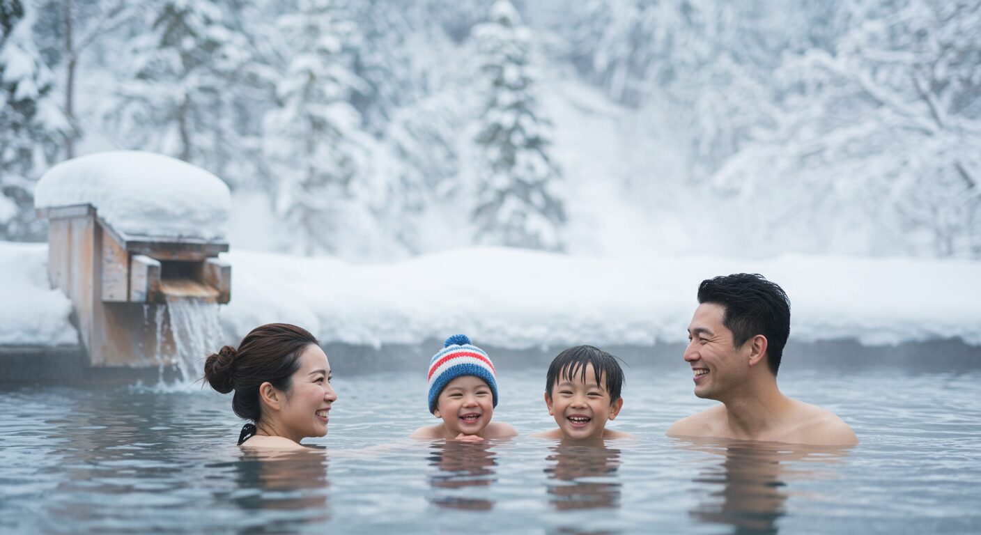 雪の温泉でくつろぐ笑顔の家族の温かいシーン。冬休み旅行のゆったりした喜びを表現し、読者が「これなら行きたい！」と感じる優しいイメージ