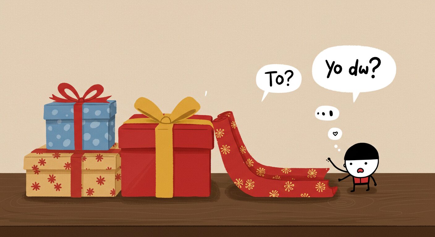 テーブルに並ぶお歳暮の箱とのし紙、迷う人の可愛いイラスト。マナーの複雑さを楽しく視覚化して、読者の共感を呼ぶイメージ