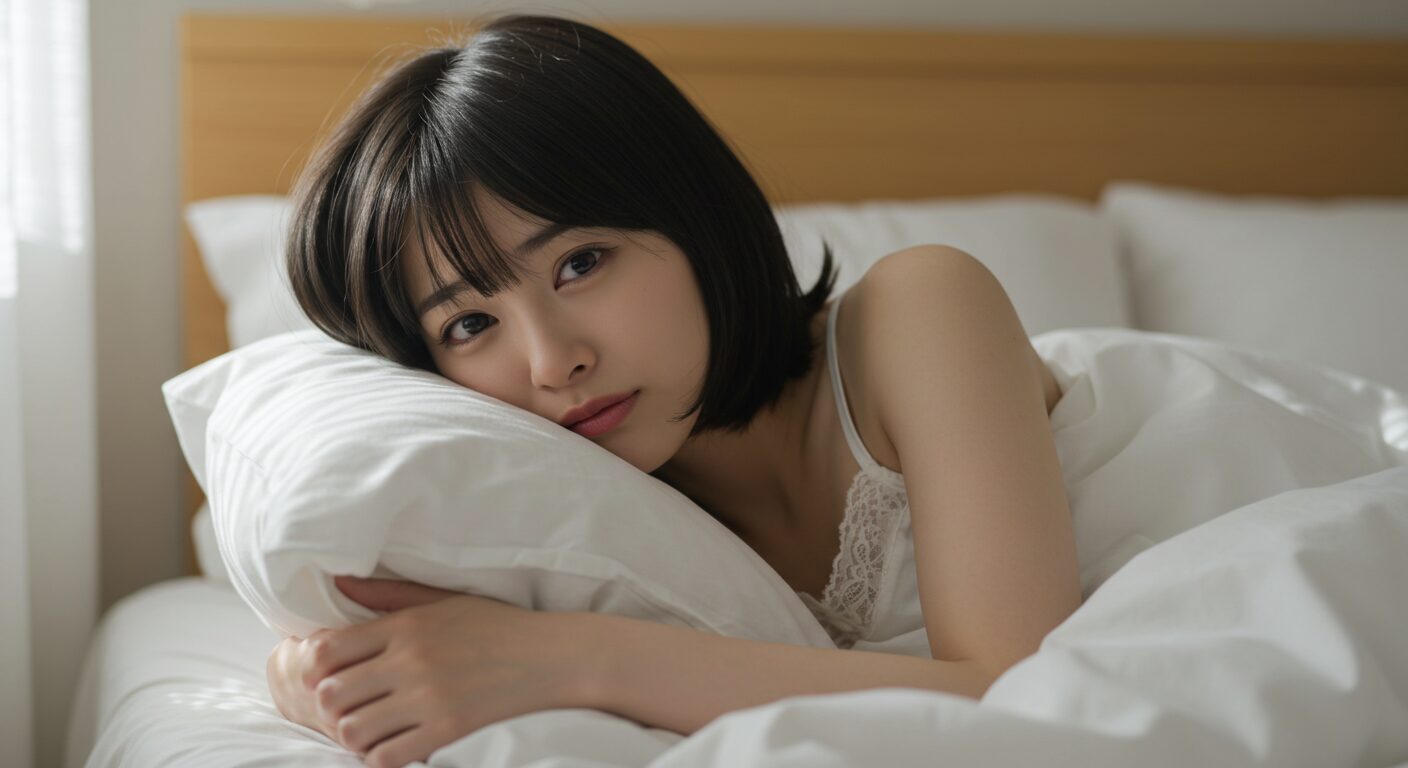 ベッドの中で不安そうな表情を浮かべる若い日本人女性