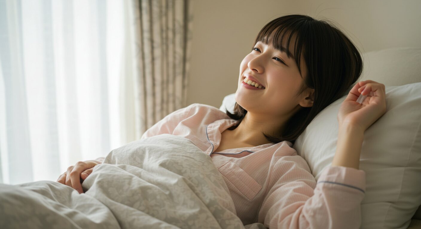 別の部屋の神棚に足を向けて寝る不安が解消され、朝日に照らされながら晴れやかな表情で目覚める若い日本人女性