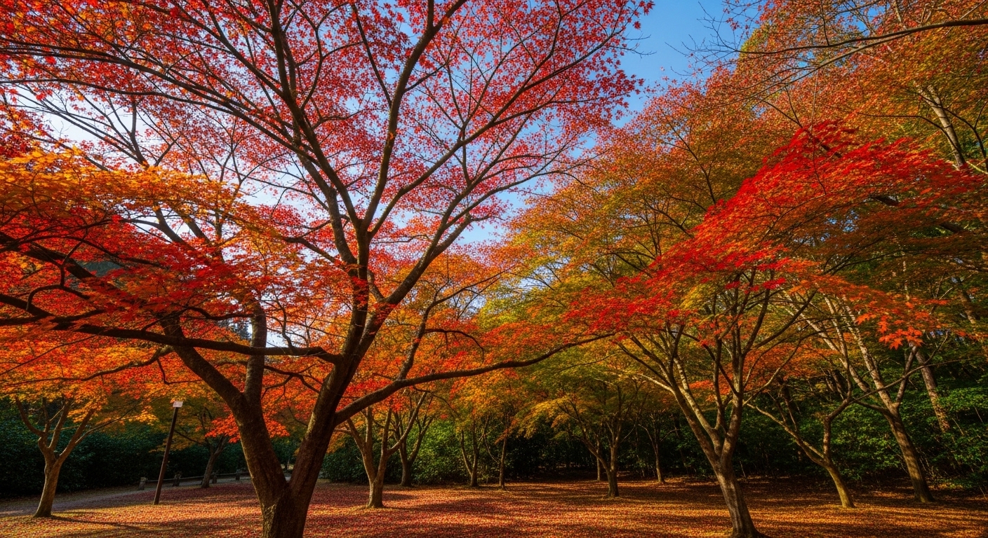澄んだ秋空の下、赤や黄色に色づいた美しい紅葉の森。木漏れ日が地面を照らしている様子。日本人が親しみを感じる風景。