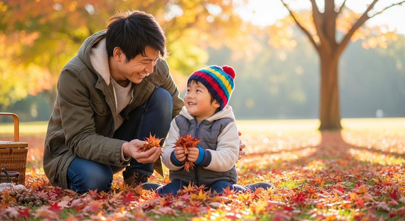 秋の公園で、笑顔の日本人のお父さんと5歳くらいの男の子が一緒に落ち葉を拾っている。暖かく楽しそうな雰囲気で、親子の絆が感じられる写真。