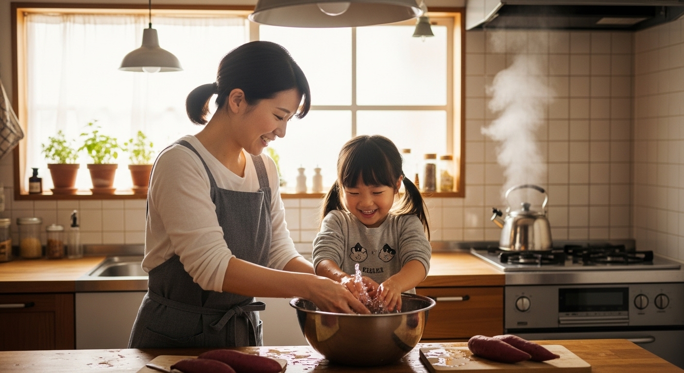 キッチンで、楽しそうにさつまいもを洗う日本人の小さな女の子とお母さんの手元。温かい家庭の雰囲気。