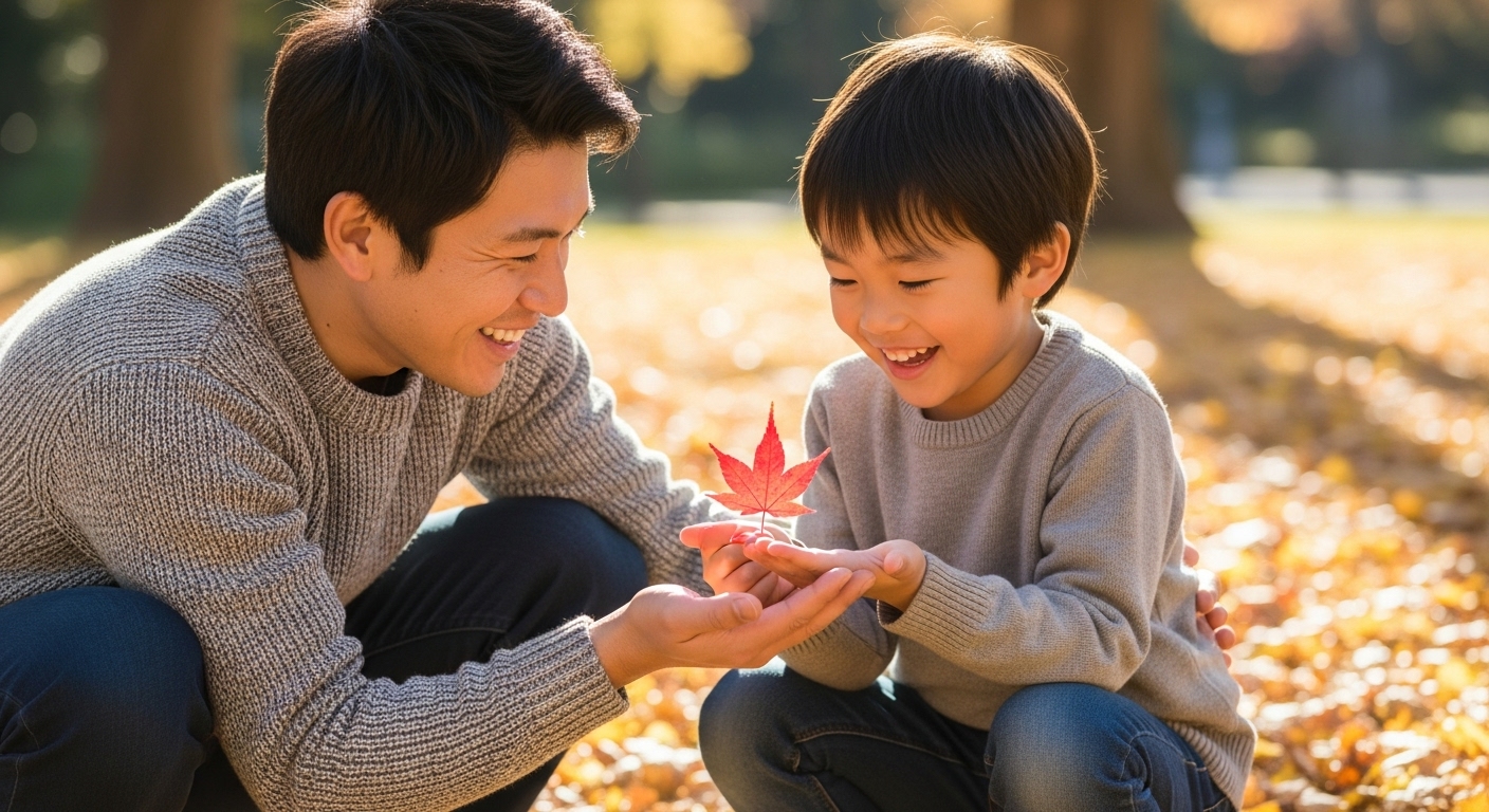 秋の公園で、お父さんと男の子が笑顔で落ち葉を見つめている様子