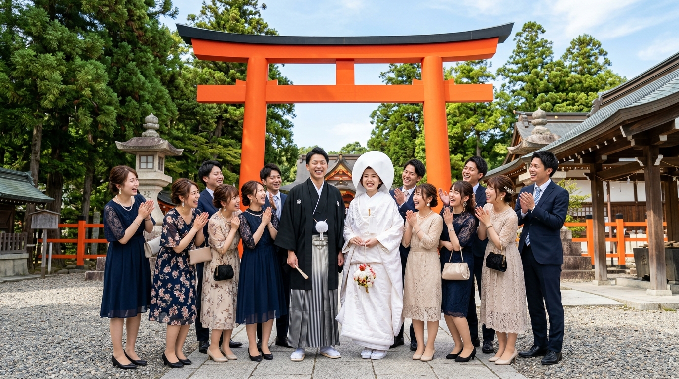神前式後に神社の鳥居前で友人たちと記念撮影をする新郎新婦