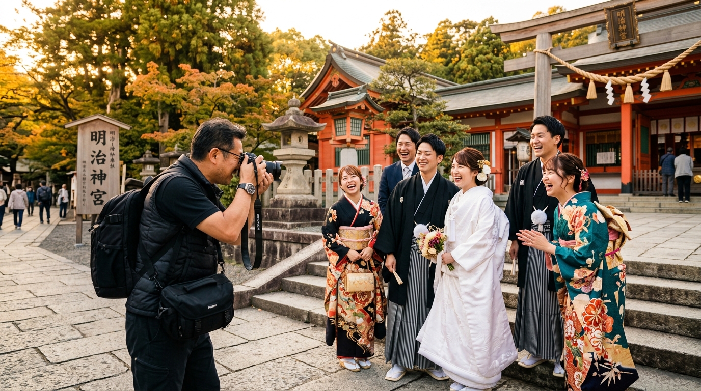 神社でプロカメラマンに出張撮影を依頼し、笑顔で撮影に応じる新郎新婦と友人