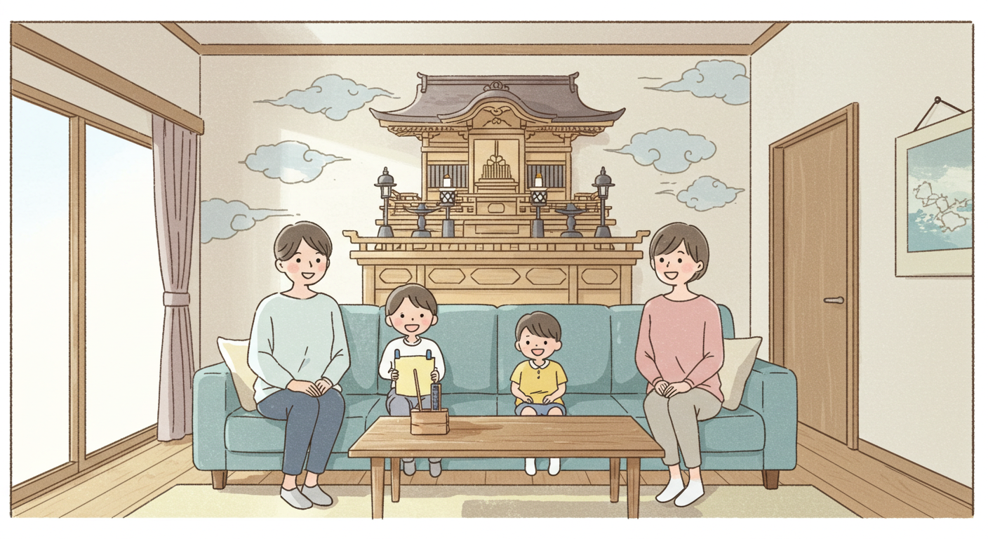 明るく清潔なリビングで、少しずらして置かれたソファで家族が笑顔で談笑している。壁の高い位置には「雲」が貼られたきれいな神棚があり、部屋全体が穏やかで幸せな空気に満ちている様子。イラスト調で温かみのある雰囲気。