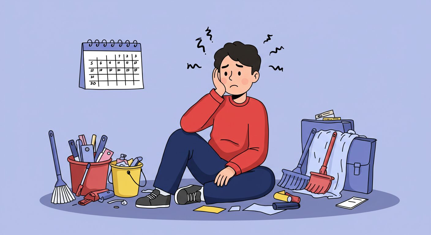 散らかった部屋で途方に暮れる人のイラスト、背景にカレンダーと掃除道具。悩みの混乱を楽しく表現して、読者の共感を呼ぶイメージ