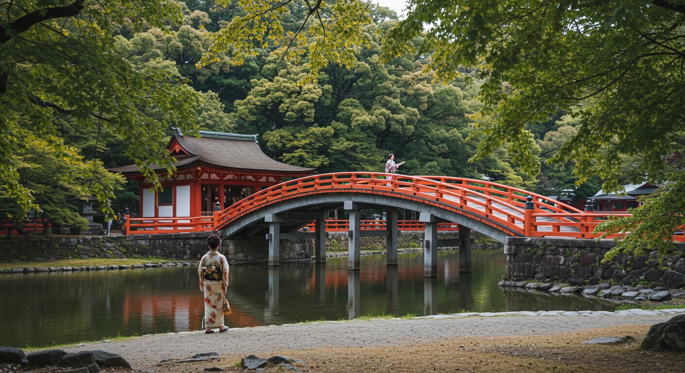 伊勢神宮の宇治橋を渡る日本人女性
