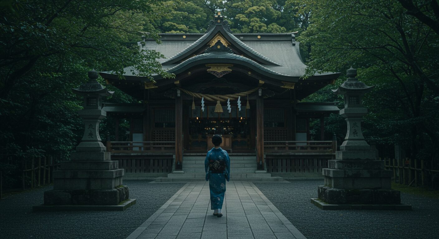 静かに参拝する日本人女性の後ろ姿