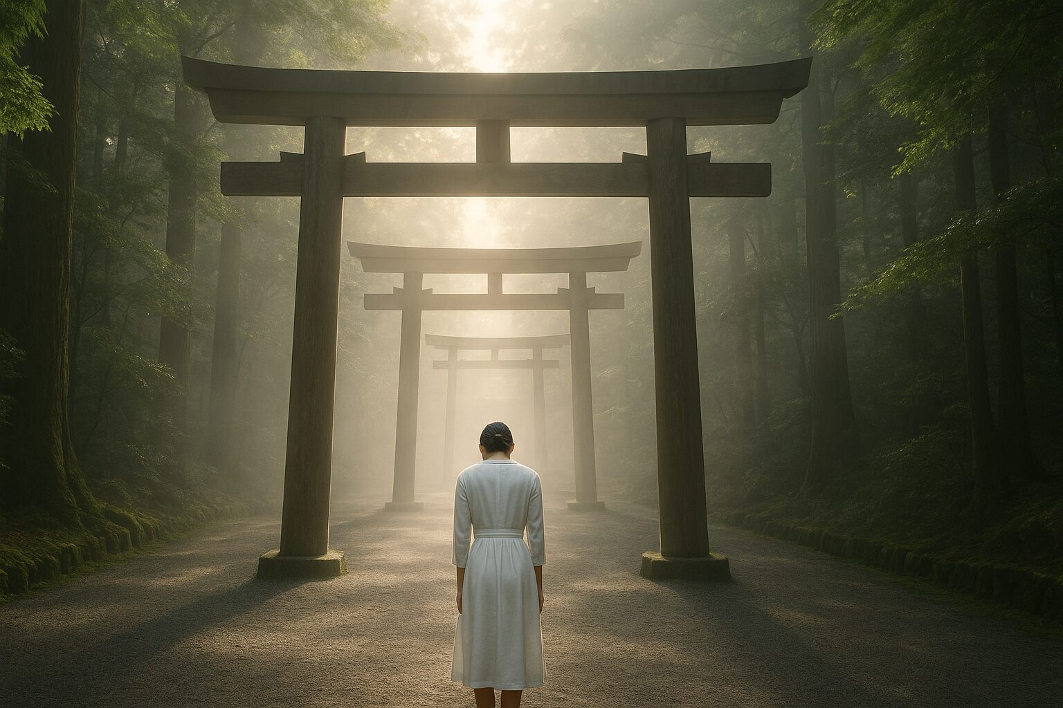 伊勢神宮の内宮で静かに一礼する日本人女性の参拝者