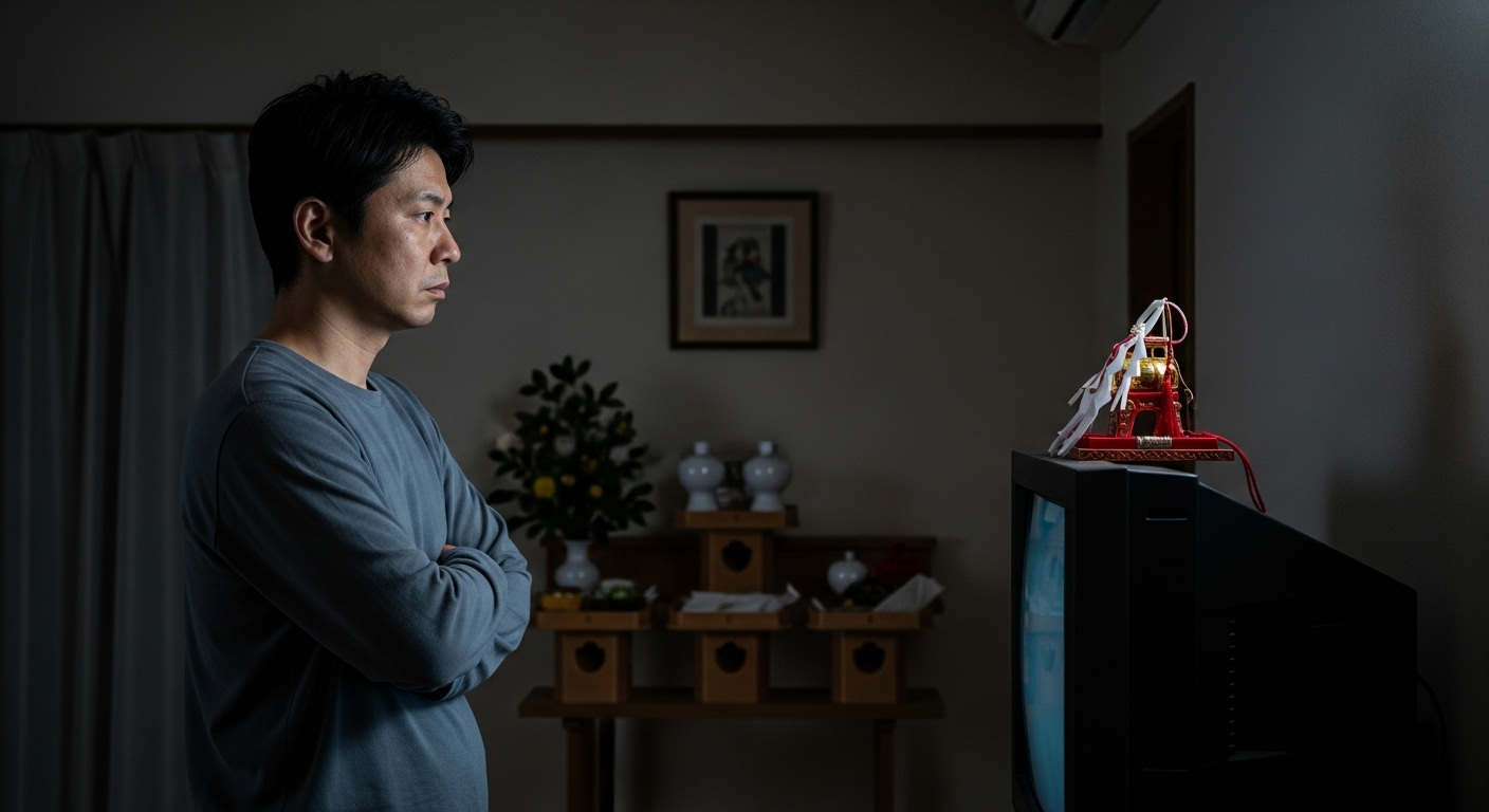 リビングでテレビの上に置いた神棚を前に、深く思い悩む40代の日本人男性