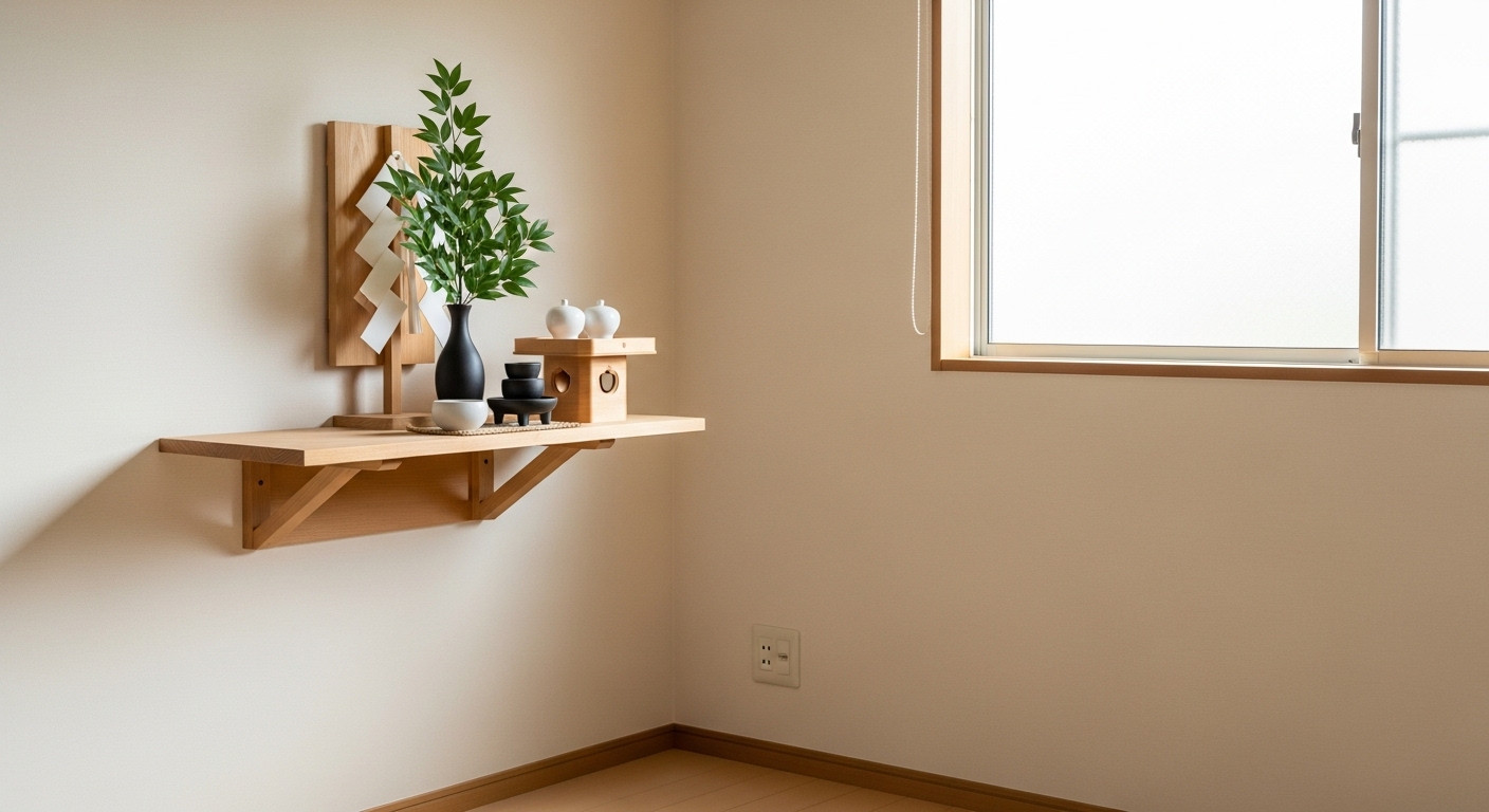 マンションの静かな部屋の壁に美しく設置された、清浄な空気感が漂うモダン神棚