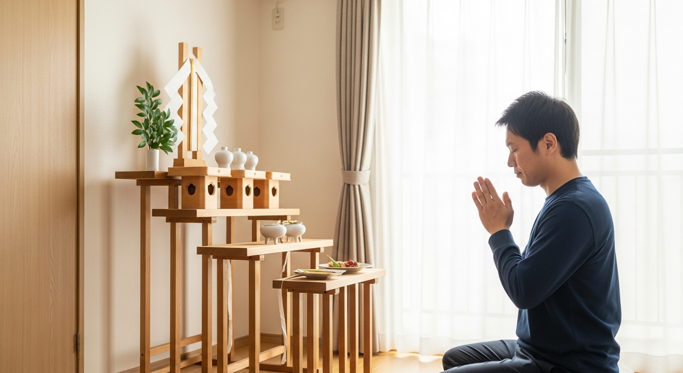 自宅の清らかな空間で、壁に設置した神棚に静かに手を合わせる、心穏やかな40代の日本人男性