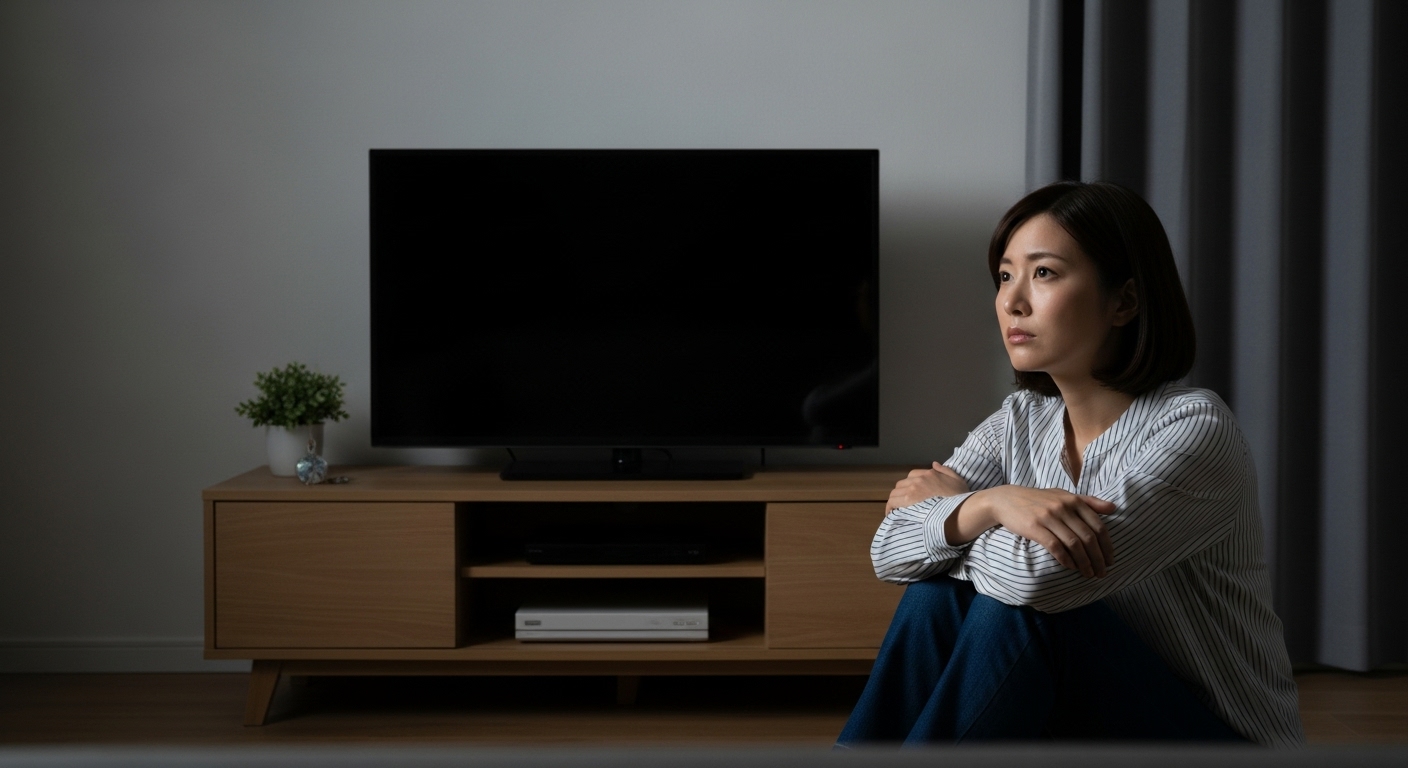 マンションのリビングで、神棚の置き場所に悩み、テレビの上を見つめて考え込む30代の日本人女性