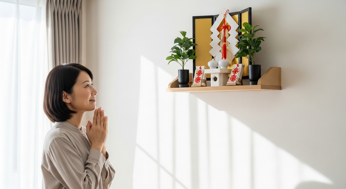 賃貸マンションの壁におしゃれな神棚を設置し、嬉しそうに眺める40代の日本人女性
