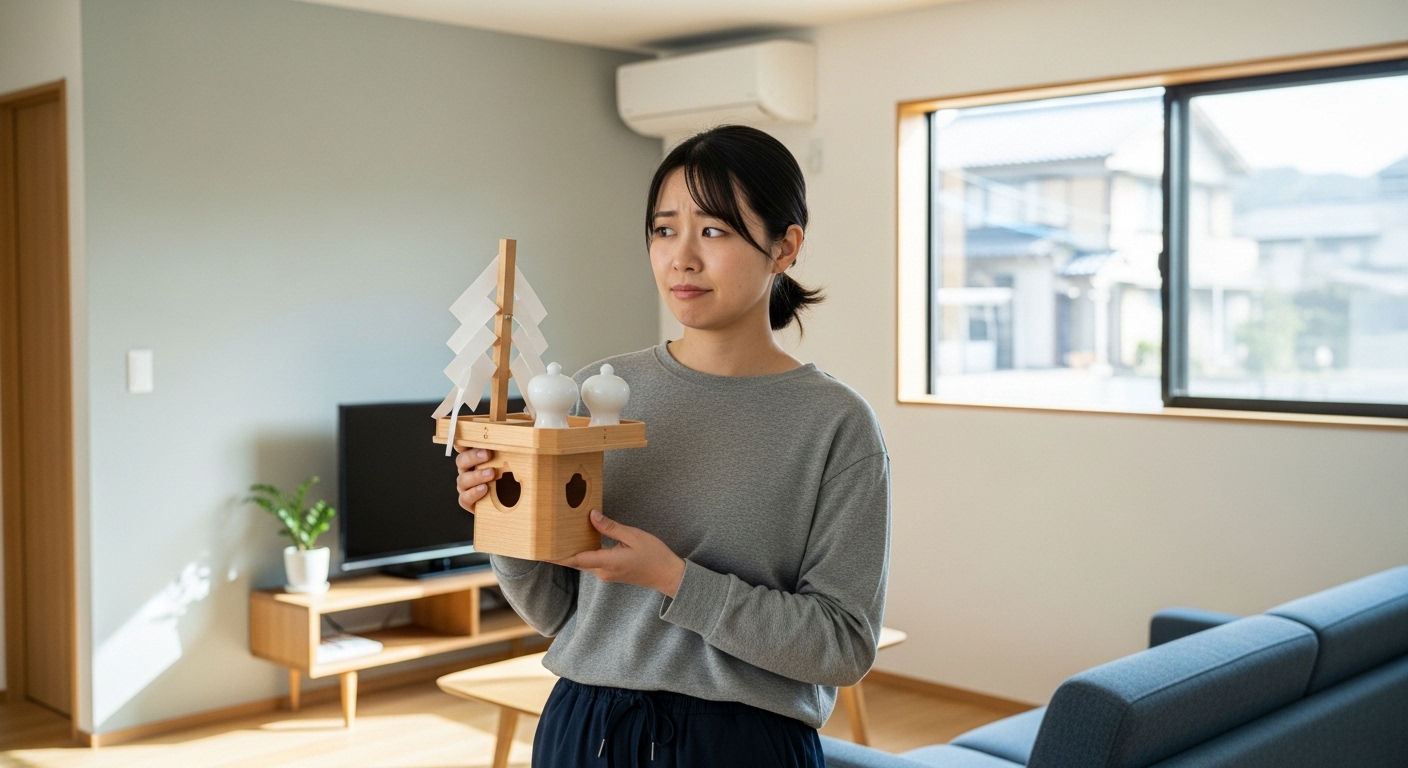 少し困った表情で自宅の神棚を見上げる若い日本人女性。家のどこに設置すべきか悩んでいる様子。alt属性: 神棚の設置場所に悩む女性。横長（16:9）