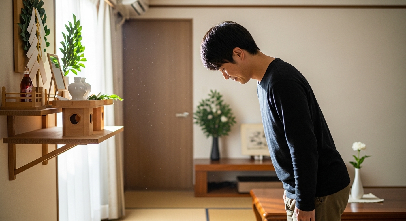 自宅のリビングで、神棚に向かってそっと一礼する若い日本人男性。穏やかで丁寧な所作が伝わる。alt属性: 神棚の前を横切る際に一礼する男性。横長（16:9）