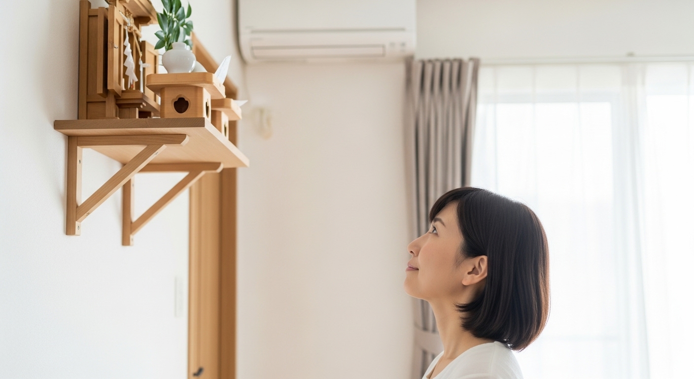 自宅の神棚を穏やかな感謝の表情で見上げる女性のアイキャッチ画像
