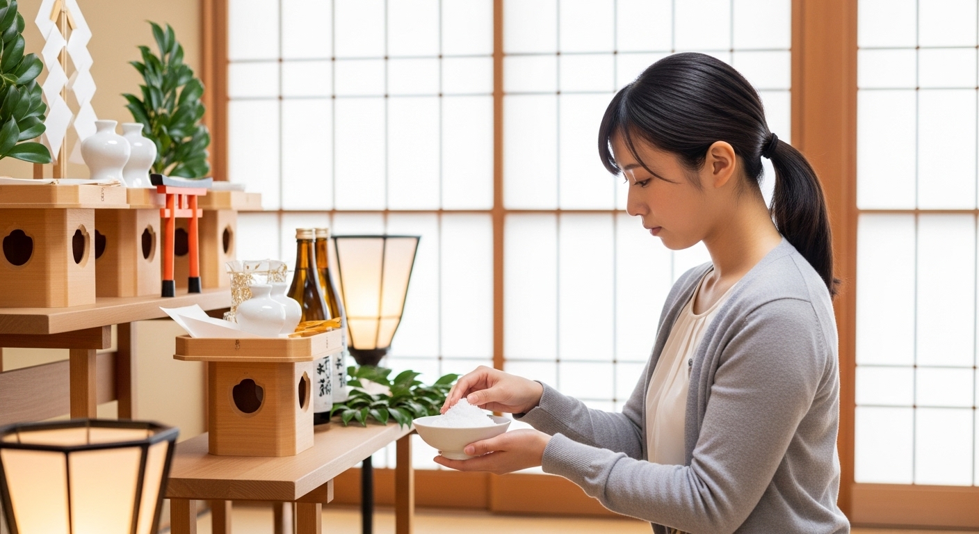 神棚の浄化のために盛り塩を作る女性。横長（16:9）