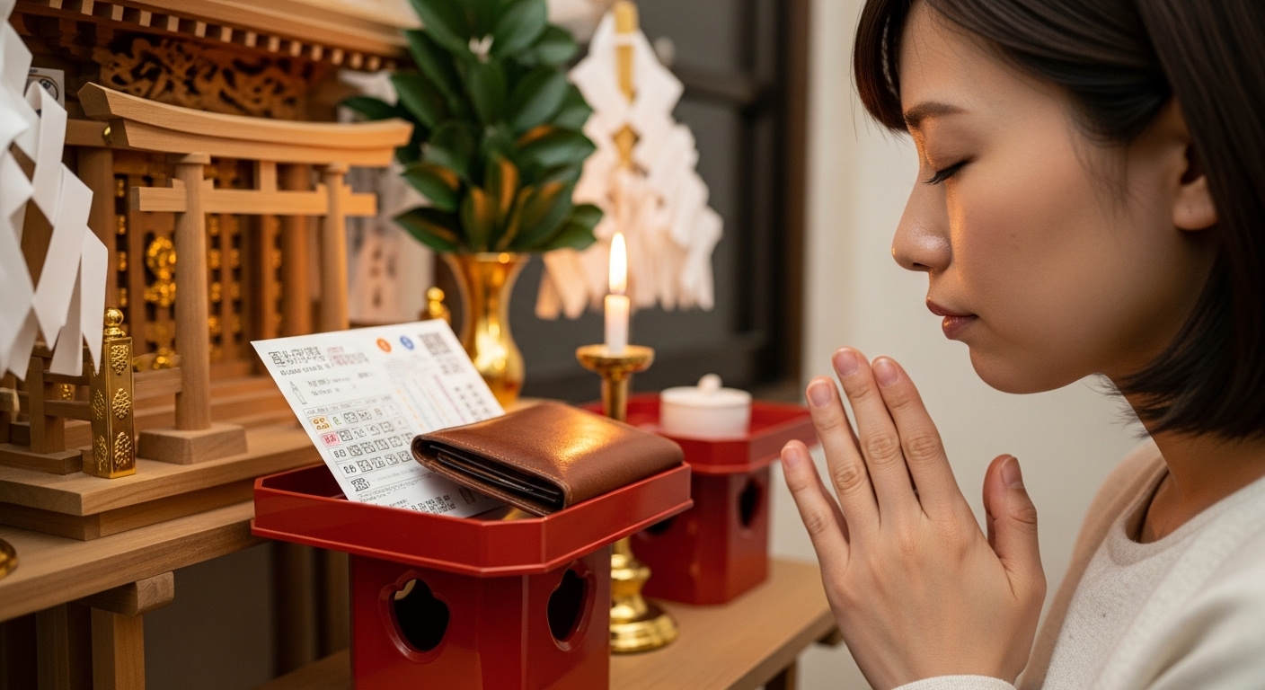 神棚に金運アップを祈願する女性。