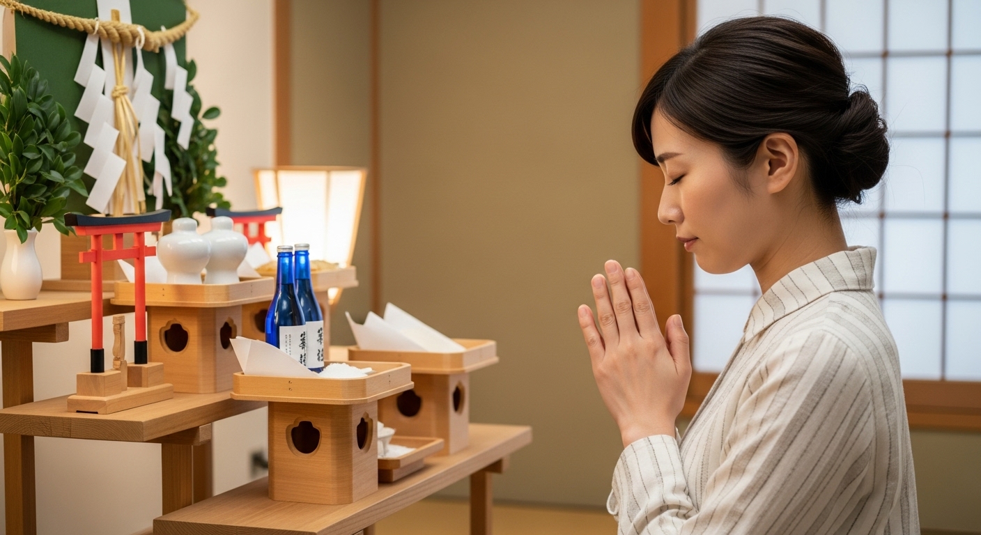 神棚の前で謝罪と感謝を伝える女性