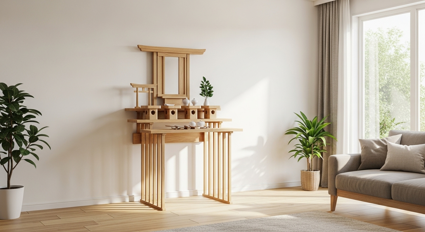 明るい日差しが入る洋風の白いリビングの壁に、木製のシンプルでスタイリッシュなモダン神棚が設置されている様子。違和感なくインテリアに馴染んでいるイメージ