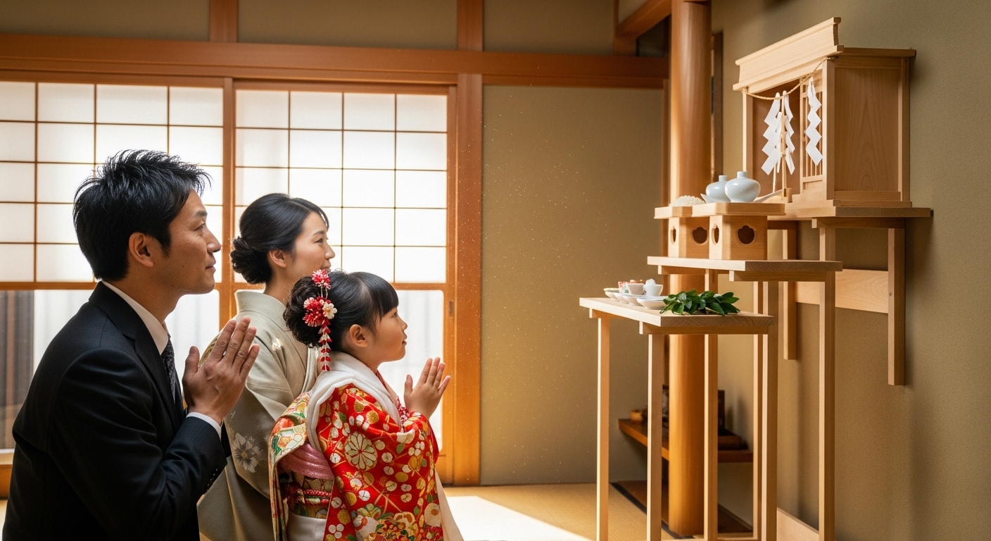 七五三の着物を着た女の子と両親が、リビングに設置したばかりの神棚を見上げて、嬉しそうに手を合わせている温かい家族のシーン