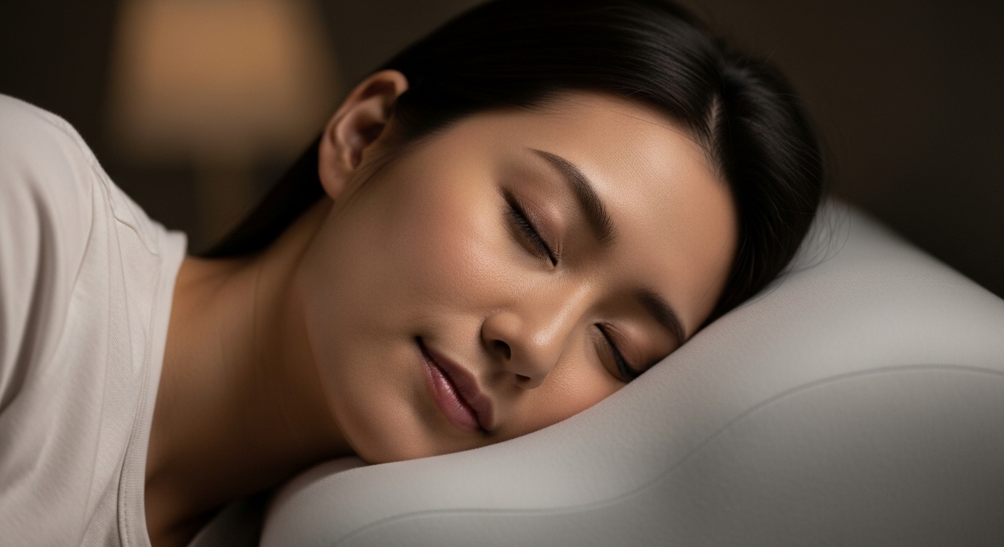 非常にリラックスした表情で、体にフィットした快適そうな枕で眠っている日本人女性の横顔のクローズアップ。寝室は薄暗く、静かで穏やかな雰囲気が伝わる