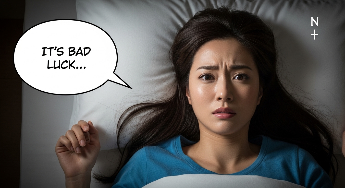 非常にリラックスした表情で、体にフィットした快適そうな枕で眠っている日本人女性の横顔のクローズアップ。寝室は薄暗く、静かで穏やかな雰囲気が伝わる