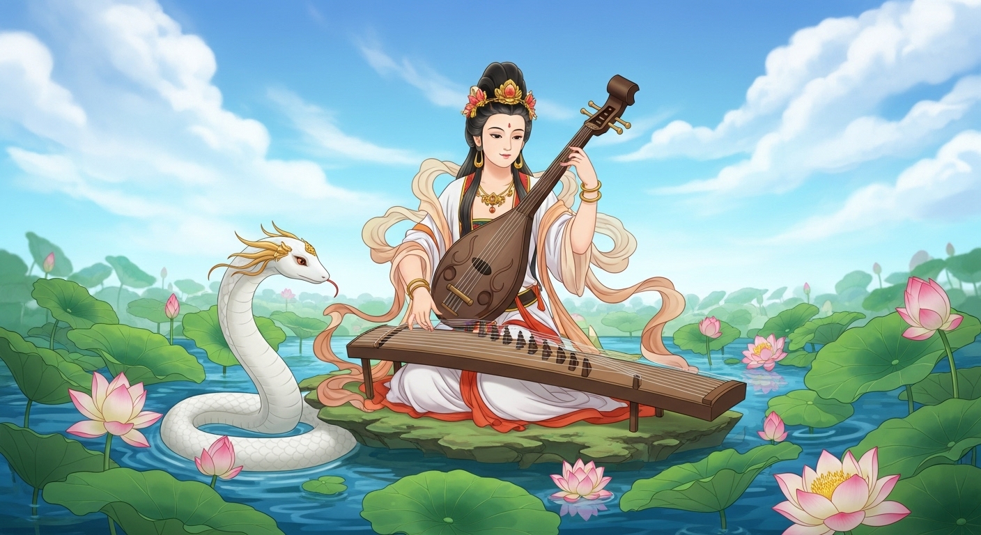 琵琶を奏でる弁財天と寄り添う白蛇