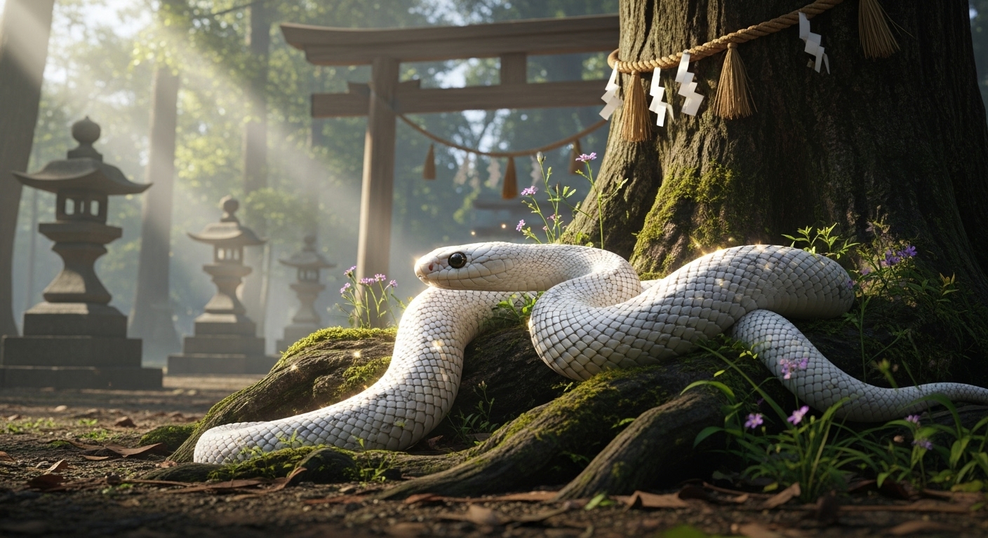 神社の境内に現れた縁起の良い白蛇