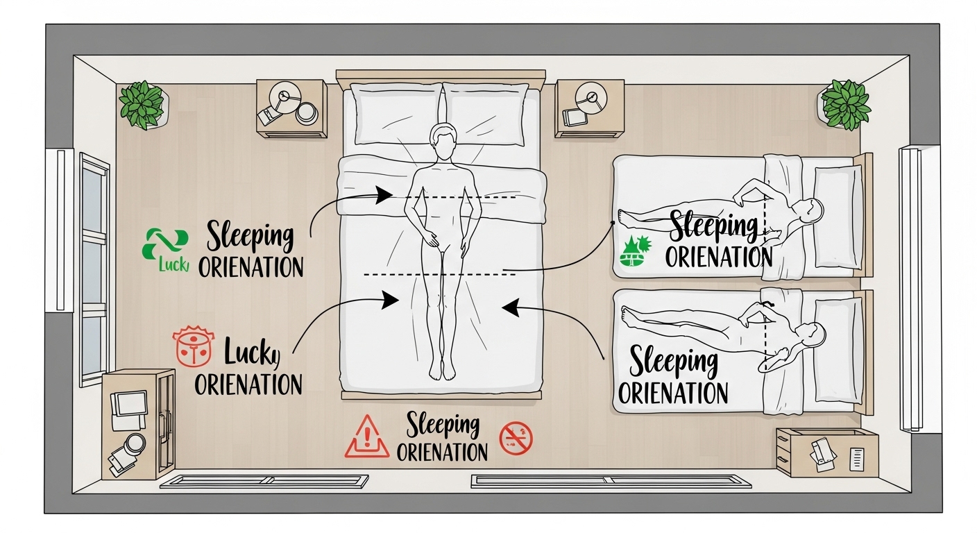 寝室の配置図イラスト。仏壇に対して「頭を向けている（吉）」、「平行に寝ている（吉）」、「足を向けている（凶・NG）」の3パターンを分かりやすく図解したもの