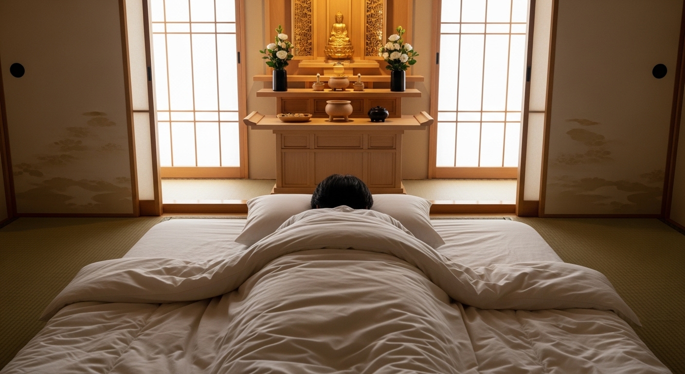 Subject: 落ち着いた和モダンな寝室。奥に上品な木目の仏壇が安置されている。 Action: 布団（またはローベッド）に横たわる人物の視点、あるいは俯瞰図。枕の位置が仏壇側（手前または奥）にあり、頭を仏壇に向けて安心して眠れるような構図。「頭信仏」のポジティブなイメージ。 Mood: 神聖、安らぎ、守護、静寂、温かい光。 Lighting: 朝日が障子越しに柔らかく差し込み、仏壇と寝具を清らかに照らしている。 Style: 高画質のインテリア雑誌風、または安心感のあるライフスタイルフォト。16:9。